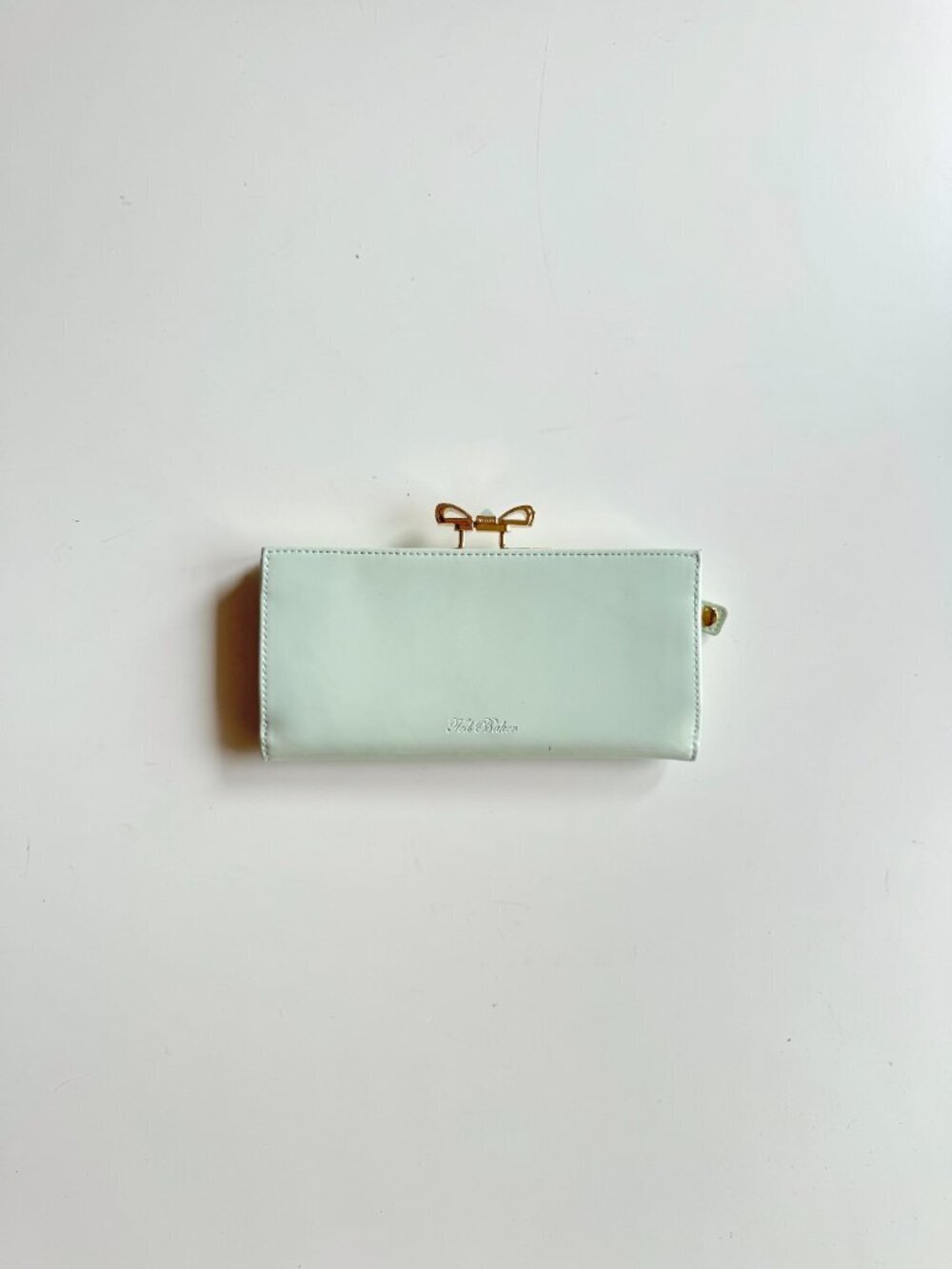 TED BAKER Pezie Popper Mint Green Patent Leather Crystal Bow Matinee Wallet